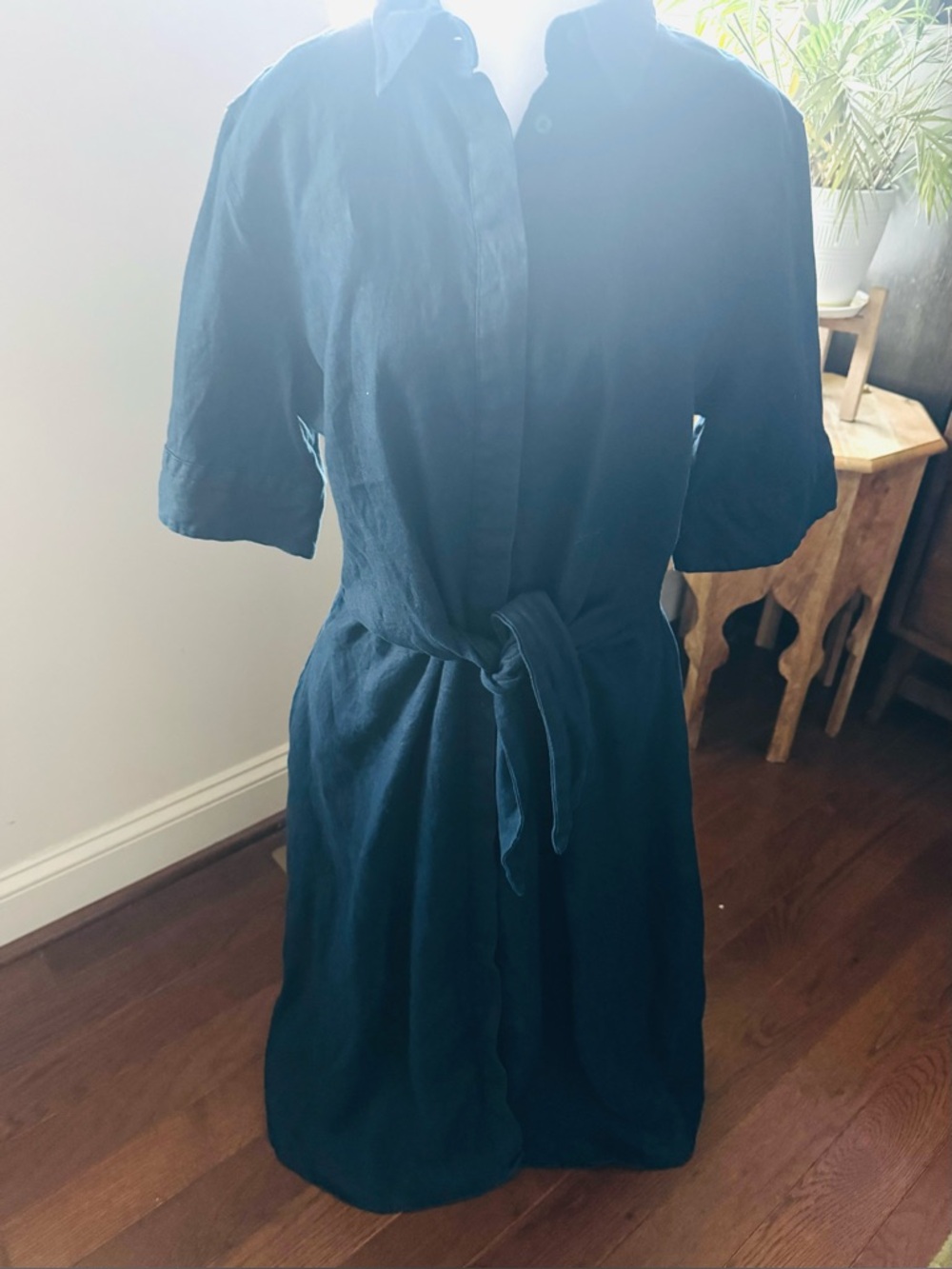 Ralph Lauren Navy Linen Button-Front Midi Shirt Dress with Tie Waist